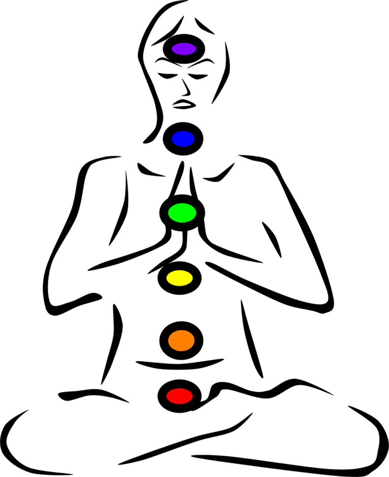 diagram of a yogi with colored chakras in a meditation position