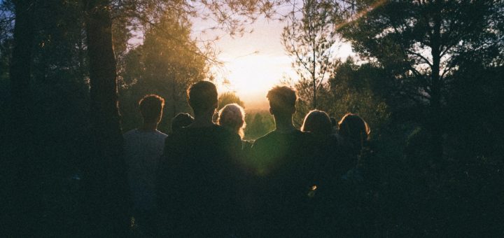 silhouette of group of people between tree line