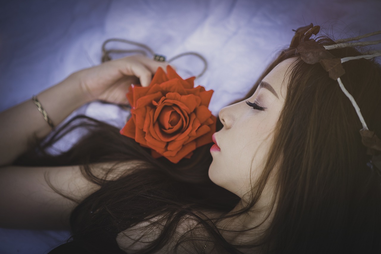 girl, rose flower, sleep