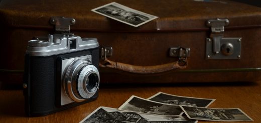 camera, luggage, polaroid photos