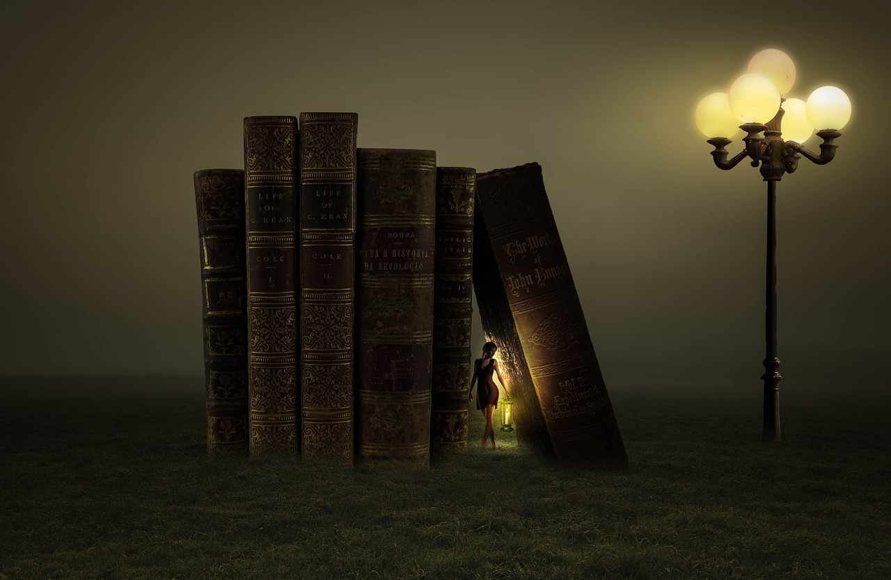 books, lamps, woman