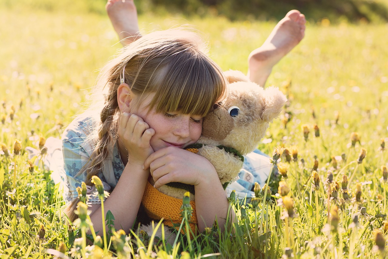 girl, teddy bear, snuggle