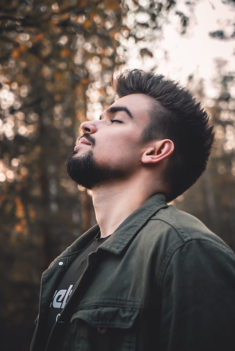 man in black leather jacket