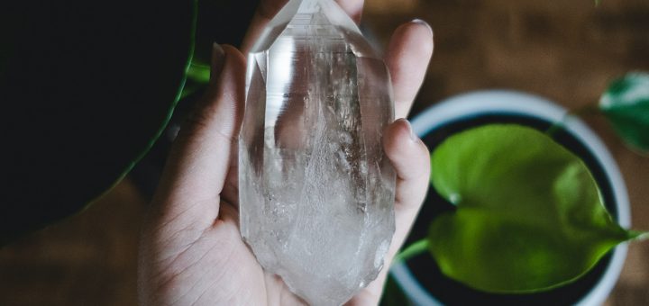 a person holding a piece of crystal next to a potted plant