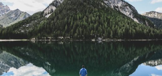 man standing nearby sea fronting green mountain