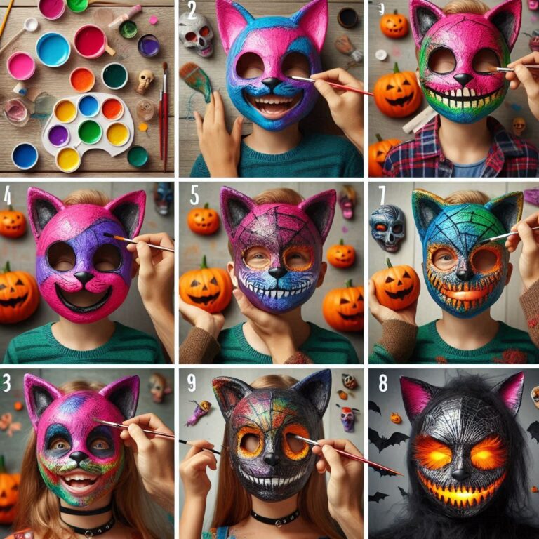 Step-by-step photo: making a cat mask (homemade cat mask being painted). Showcase finished costumes across ages (kid, teen, and adult in DIY Halloween costumes). Close-up of makeup details (DIY zombie makeup detail).