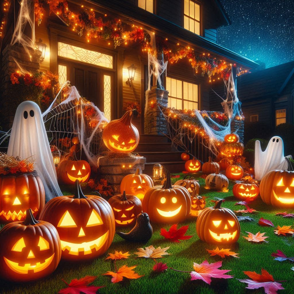 Halloween Home Decor Ideas to Transform Your Space 3 Outdoor Halloween yard with glowing pumpkins and DIY tombstones for festive home decor.
