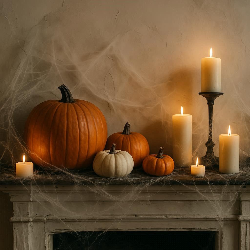 Halloween Home Decor Ideas to Transform Your Space 2 Halloween mantel with candles, pumpkins, and ghost figurines for home decor inspiration.