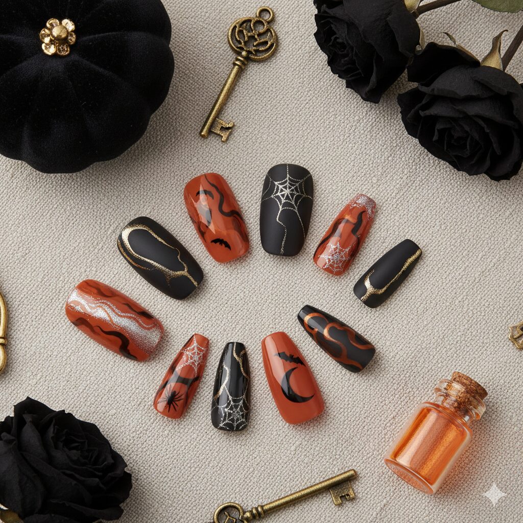 Elegant Black and Orange Halloween Nails