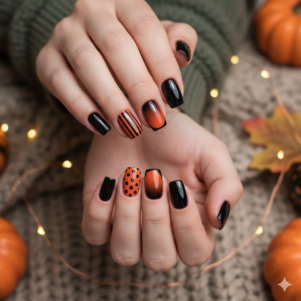 Elegant Black and Orange Halloween Nails