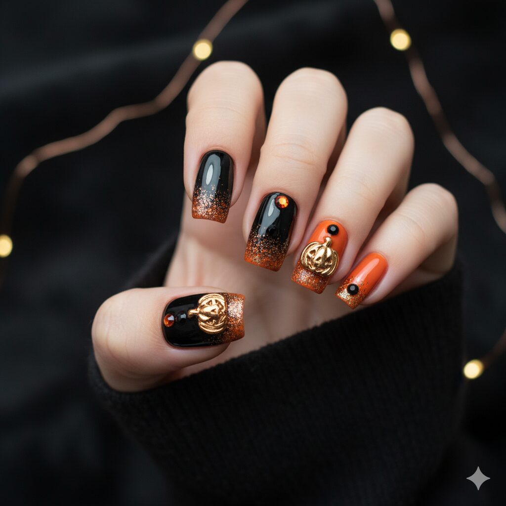Elegant Black and Orange Halloween Nails