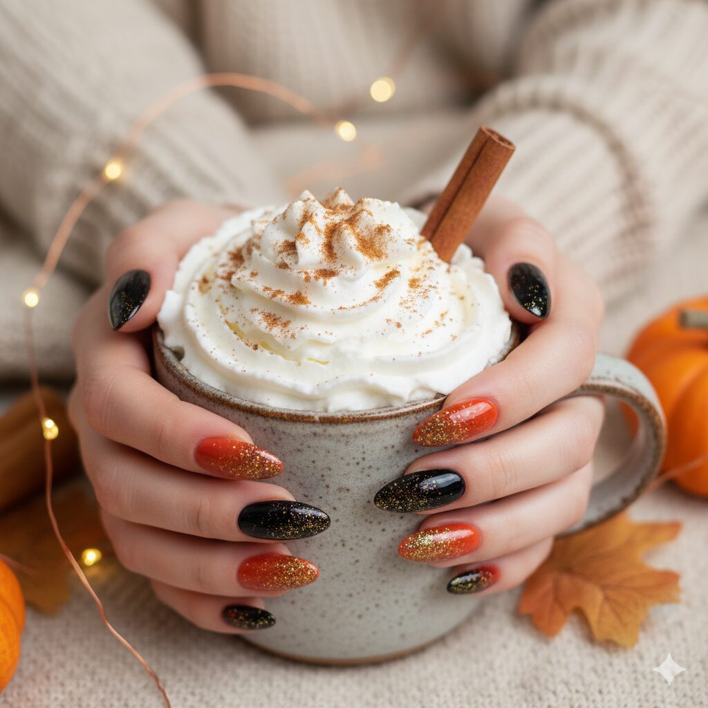 Elegant Black and Orange Halloween Nails