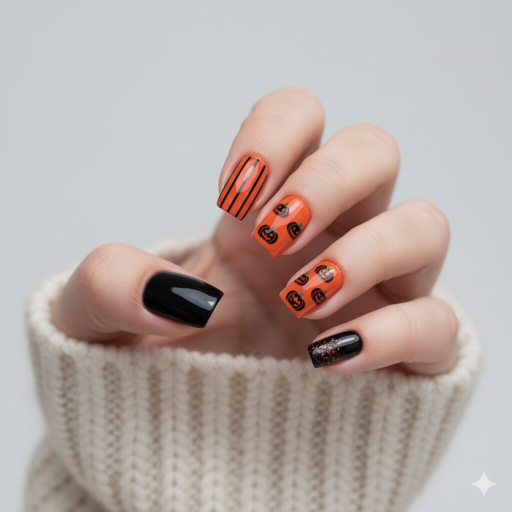 Elegant Black and Orange Halloween Nails
