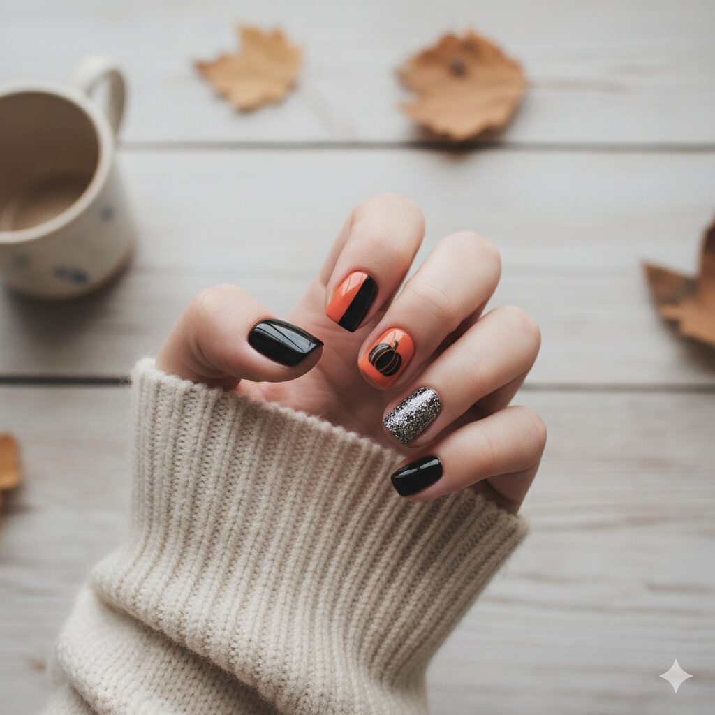 Elegant Black and Orange Halloween Nails