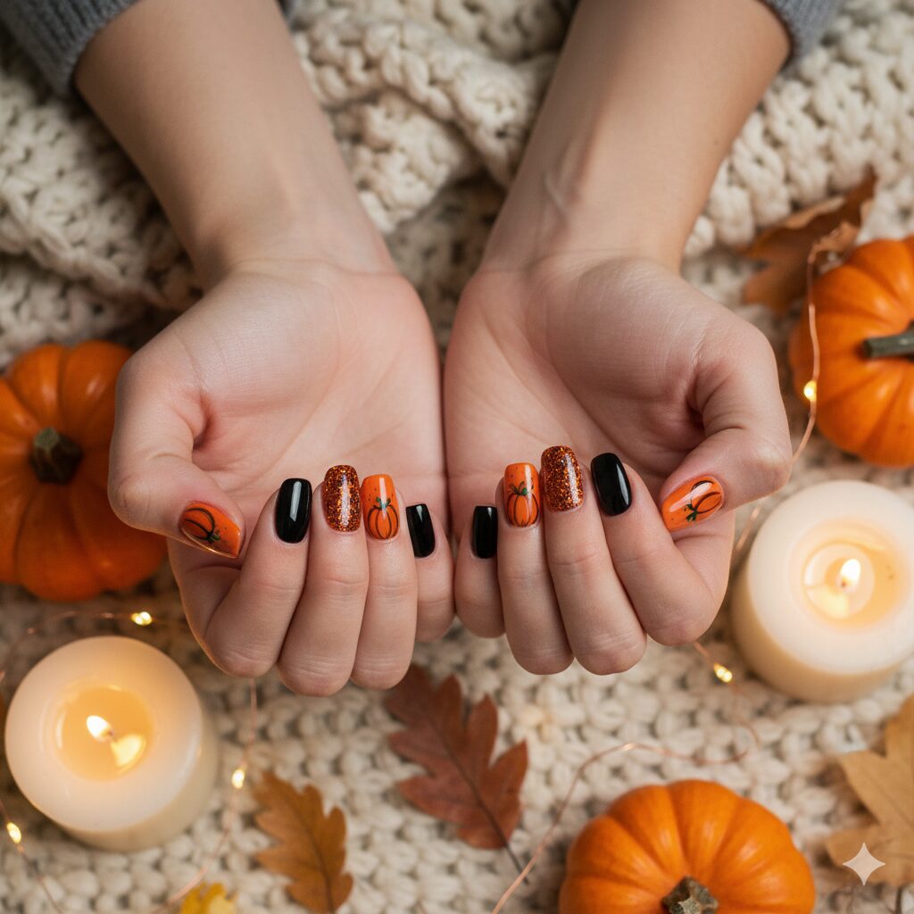 Elegant Black and Orange Halloween Nails