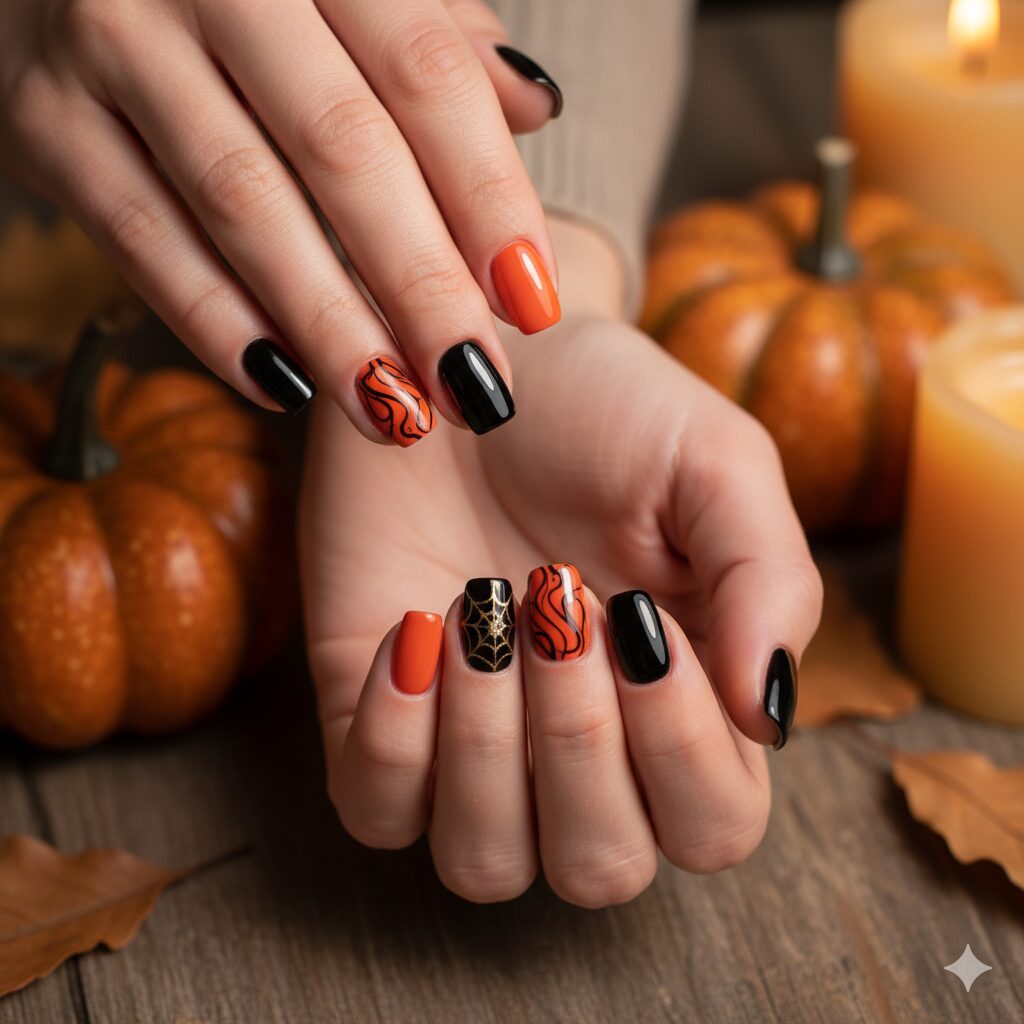 Elegant Black and Orange Halloween Nails